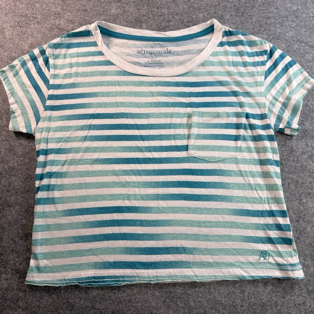 Aeropostale Womens Cropped Tee T-shirt Teal White Striped Pocket Short Sleeve